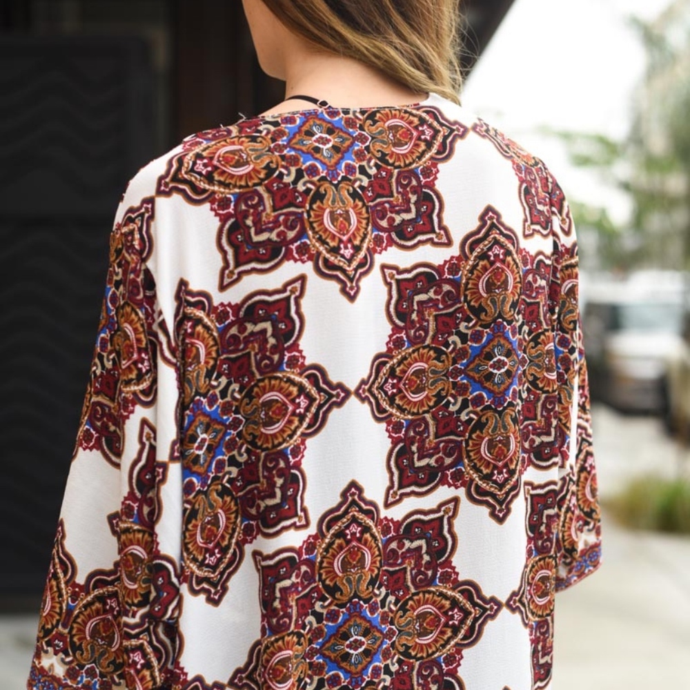 Long Line Moroccan Print Kimono Fall Floral White - Picture 7 of 7